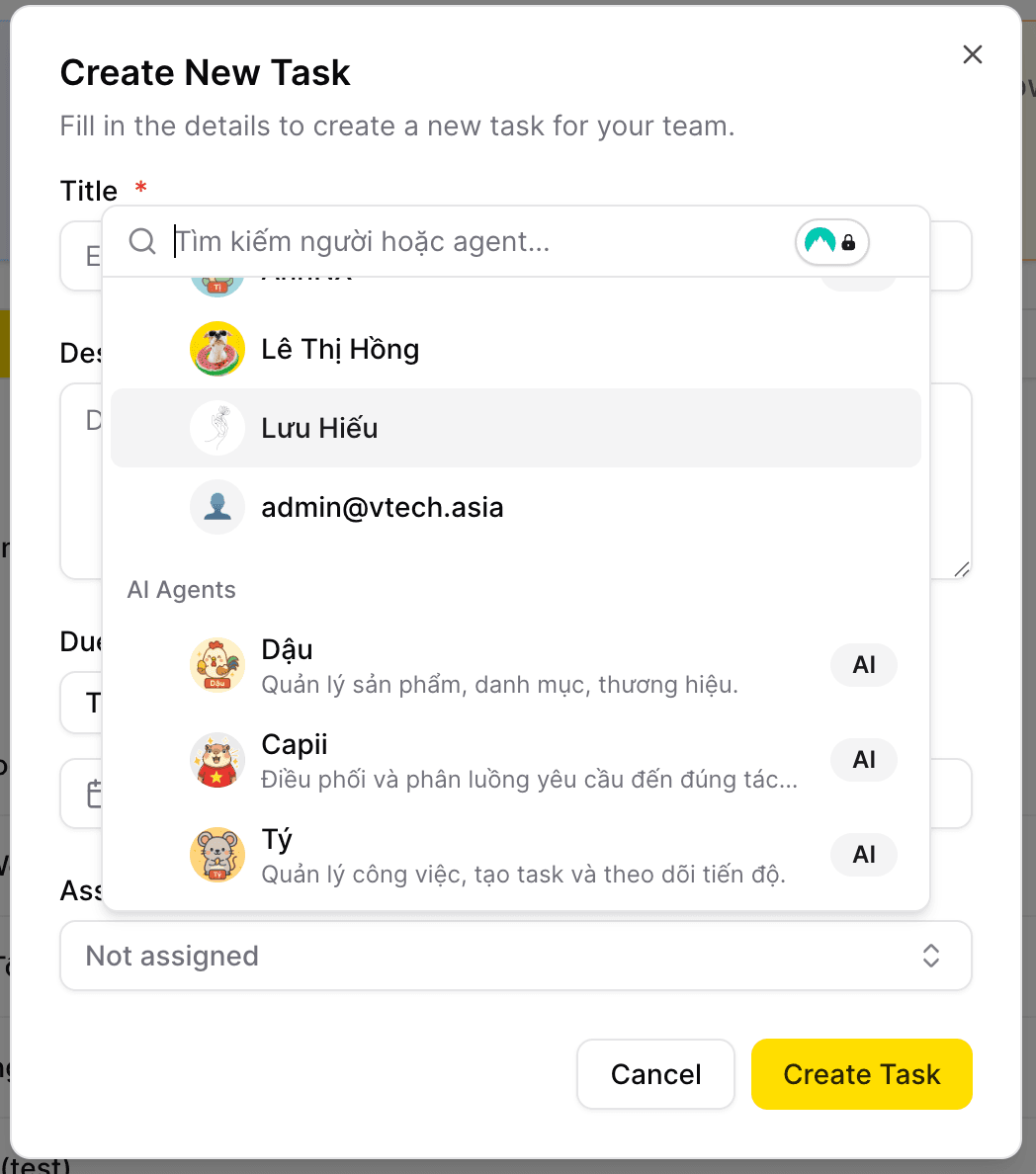 Thay vì giao việc cho người, hệ thống cho phép giao việc cho AI Agents